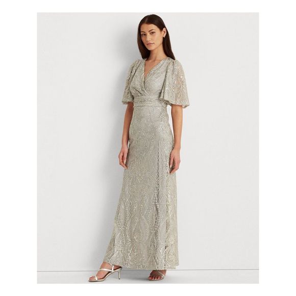 RALPH LAUREN Womens Silver Lined Flutter Sleeve Full-Length Evening Gown Dress 8 - Picture 1 of 4